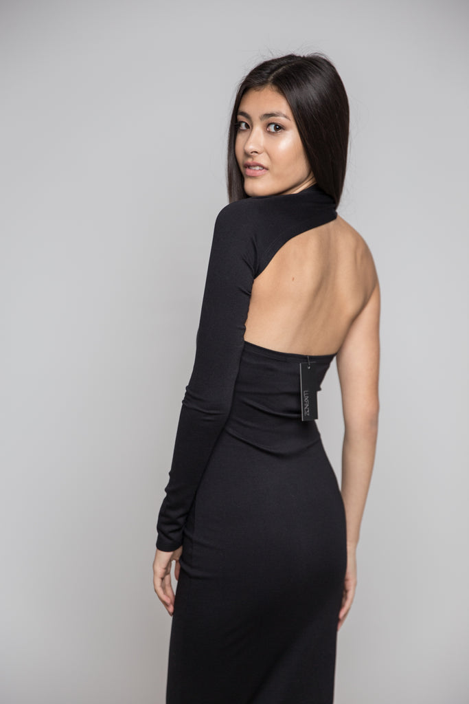 One Shoulder Asymmetric Bottom Dress in Black