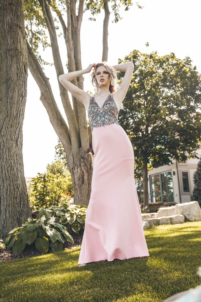 Beaded Front Soft Pink Formal Long Dress