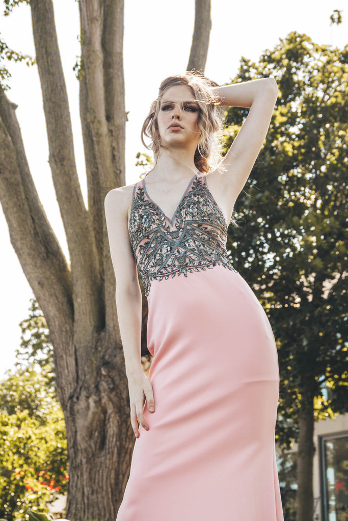 Beaded Front Soft Pink Formal Long Dress